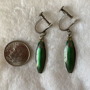 Vintage Silver and Green Enameled Beetle Bug Earrings